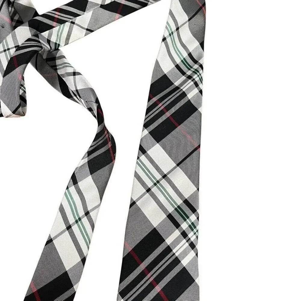 Ben Sherman Mens Hand Made 100% Silk Plaid Black Red Green Thin Neck Tie 2.75